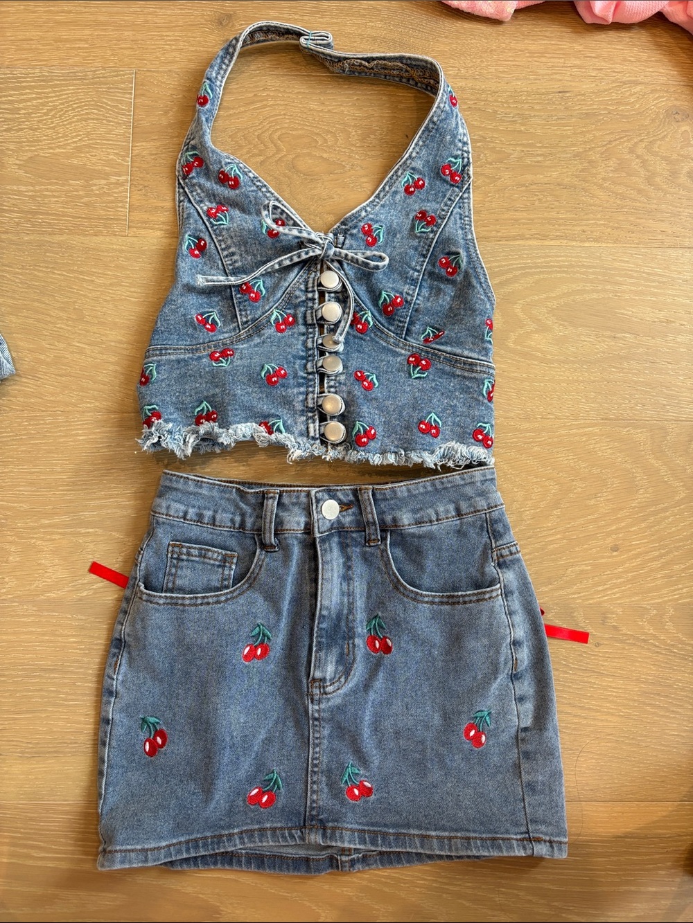 Cherry Embroidered Denim Mini Skirt set